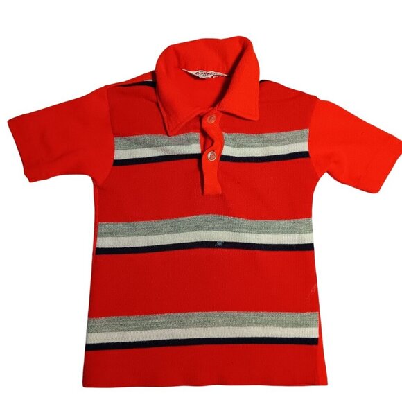 Vintage 1970's Boys 2t Polo Shirt True Vtg 70s CAMPUS RED/Gray Stripe  USA - Picture 1 of 6